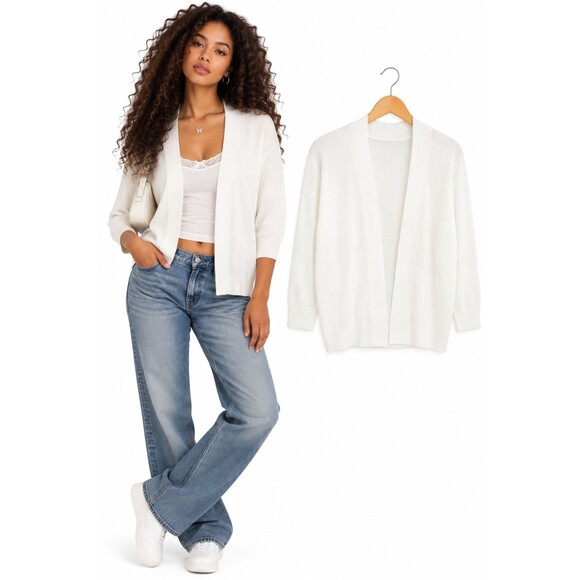 Unbranded Sweaters - YesFashion Women's Open Front 3/4 Sleeve Knit Cardigan Size XL  White